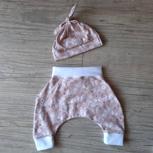 Ensemble Pantalon sarouel+ bonnet bébé à motif en tissu jersey extensible 4 couleurs