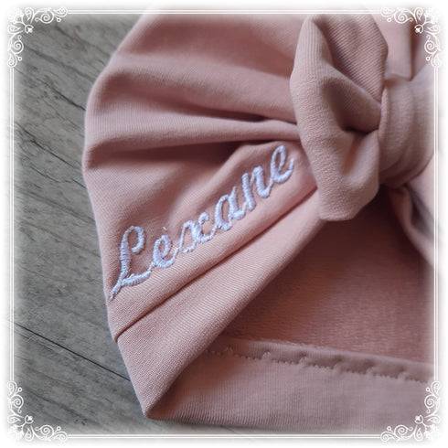 Turban knot or buns Embroidered first name soft and warm stuffed or minky sweat fabric 10 colors