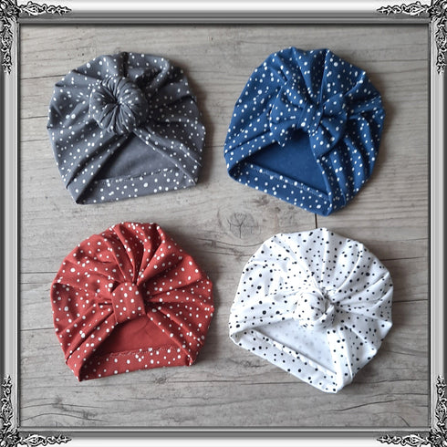 Turban nœud, buns, simple ou noué motif pois en jersey extensible 4 couleurs