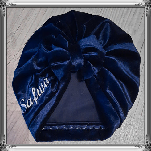Turban bonnet nœud, buns ou tourbillon prénom brodé velours extensible chaud et doux 10 couleurs